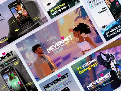Nevermet – VR Dating App Posters & Oculus Store Hero appstoredesign figma metaversedesign mobileappdesign nevermet oculusquest posters ui uiart vr vrchat vrdesign