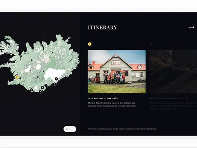 Travel itinerary - Interactive map clean dark mode expedition gallery guides iceland interactive map island itinerary photo travel ui design ux design web design