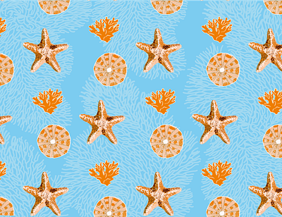 Sea Oranges beach blue coral fish graphic design illustration island leaf pattern sea sea urchin shell star test textile vector