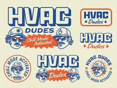 HVAC Dudes air conditioning badge bold logo branding chill dudes graphic design halftone heating hvac dudes la logo logo design responsive logo retro logo stamp logo t shirt design ts
