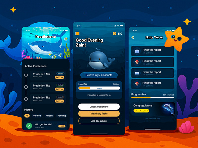 BeWhale – Gamified Daily Prediction App UI appui dailychallenge dribbbleshots figmadesign gameui gamification mobiledesign mobileexperience ocean oceantheme tasktracker uxdesign wellnessapp