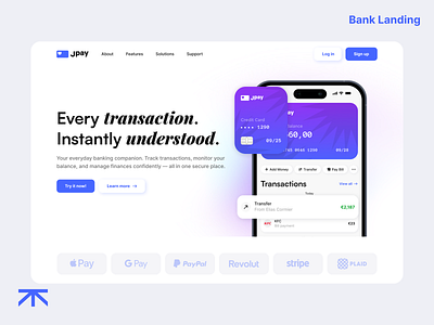 Bank Landing — Jpay bankingui boldtypography branding design figma fintech illustration landingpagedesign productlanding saasdesign transactiondesign ui uxwriting webui