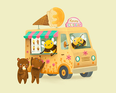 Honey Ice Cream Truck bear illustration bees character flat design fun honey ice cream ice cream truck illustration procreate sketch