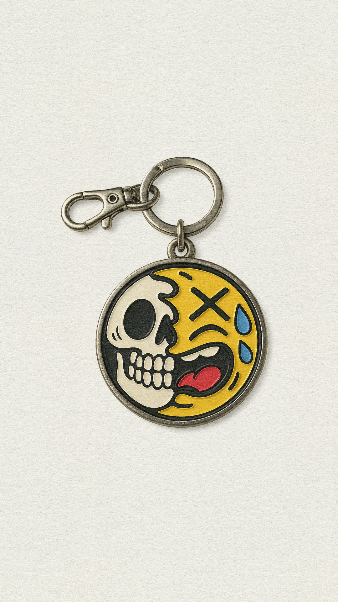 Emoji Afterlife: Skull & Smiley Hybrid Icons in Pop Art Style bold illustrations bold keychain art collectibles dark humor emoji keychain concept gen z accessories gen z art gen z fashion icons hybrid emojis hybrid skull emoji keychain design ollectible streetwear merch pop art icon pop art skull designs skull emoji skull emoji art sticker art streetwear design surreal pop art trendy emoji designs