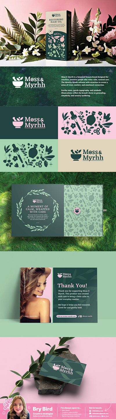 Moss & Myrhh - Beauty & Wellness Brand Identity & Packaging beauty botanical box design brand design branding cosmetics floral gift box gift wrap graphic design green hair care illustration logo packaging pink sticker design wellbeing wellness wrapping paper