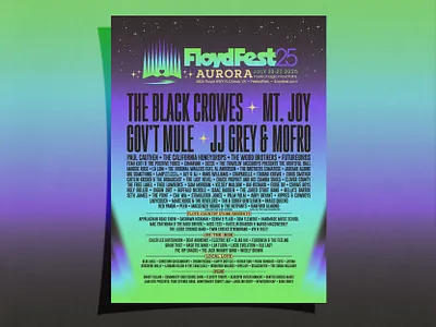 FloydFest 2025 Art and Design americana aurora borealis brand design branding floydfest illustration lineup marquee logo music festival music poster north carolina northern lights rock poster screenprint vintage vibes viriginia