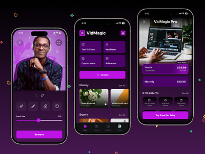 "VidMagic" - AI Text to Video Creator App ai ai video creator generative ai mobile app taxt to video creator user interface video ai video editing website