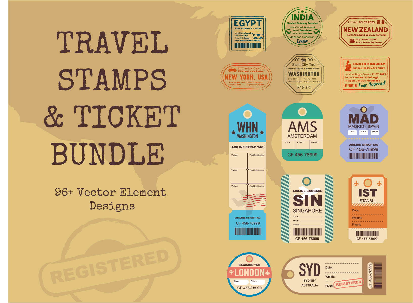 Vintage Travel Ticket, Stamp Pack branding bundle design elements flat graphic design illustration labels stamps template tickets travel vector vintage