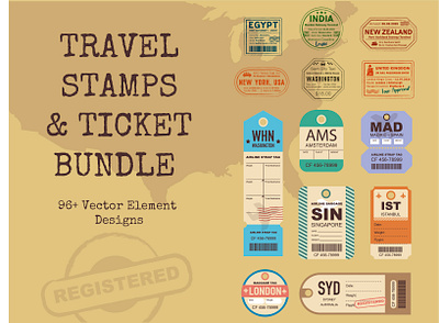 Vintage Travel Ticket, Stamp Pack branding bundle design elements flat graphic design illustration labels stamps template tickets travel vector vintage