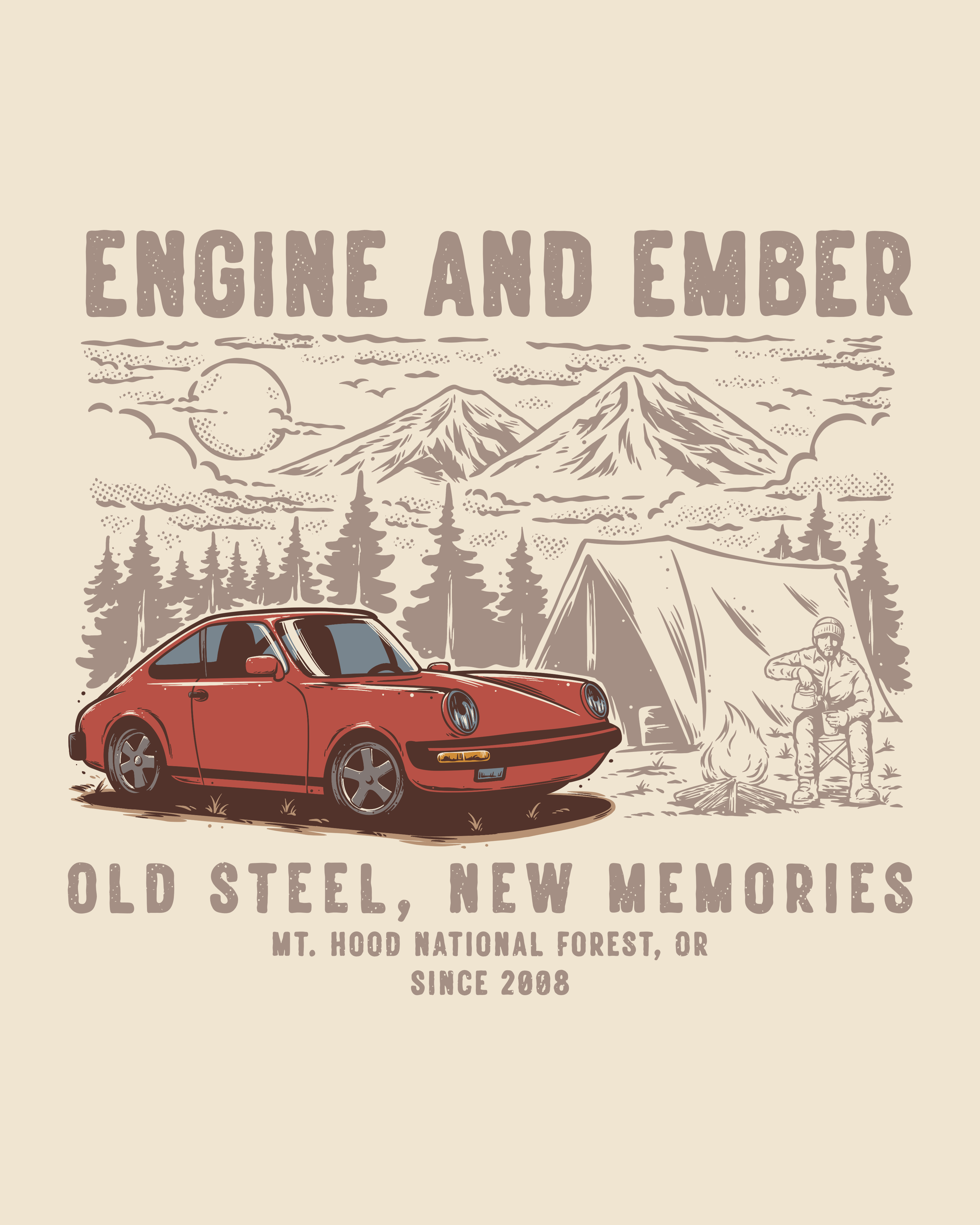 Engine and Ember T-Shirt Design branding camping car cars design graphic design illustration logo mountain nature outdoor vector