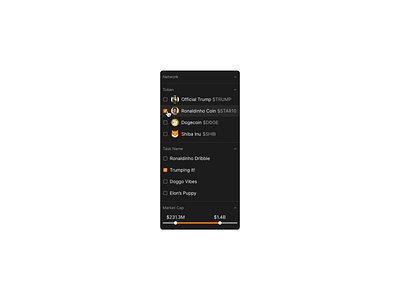 Filter modal. crypto dark mode filter filter modal memecoin orange ui ux web3
