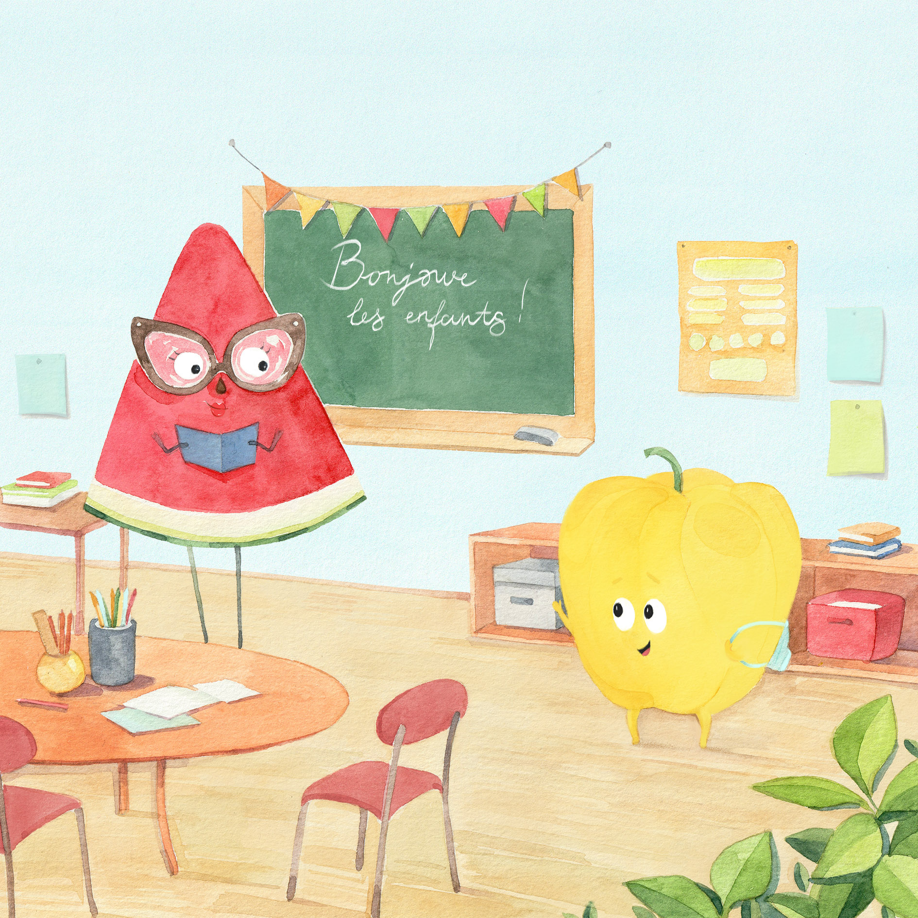 'The Classroom' Watercolor Illustration pepper illustration vegetable characters watermelon illustration