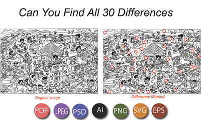 Black and white Hidden Object puzzle illustration created for ki gems graphic design hiddenobject illustration line art pluzz spot the difference
