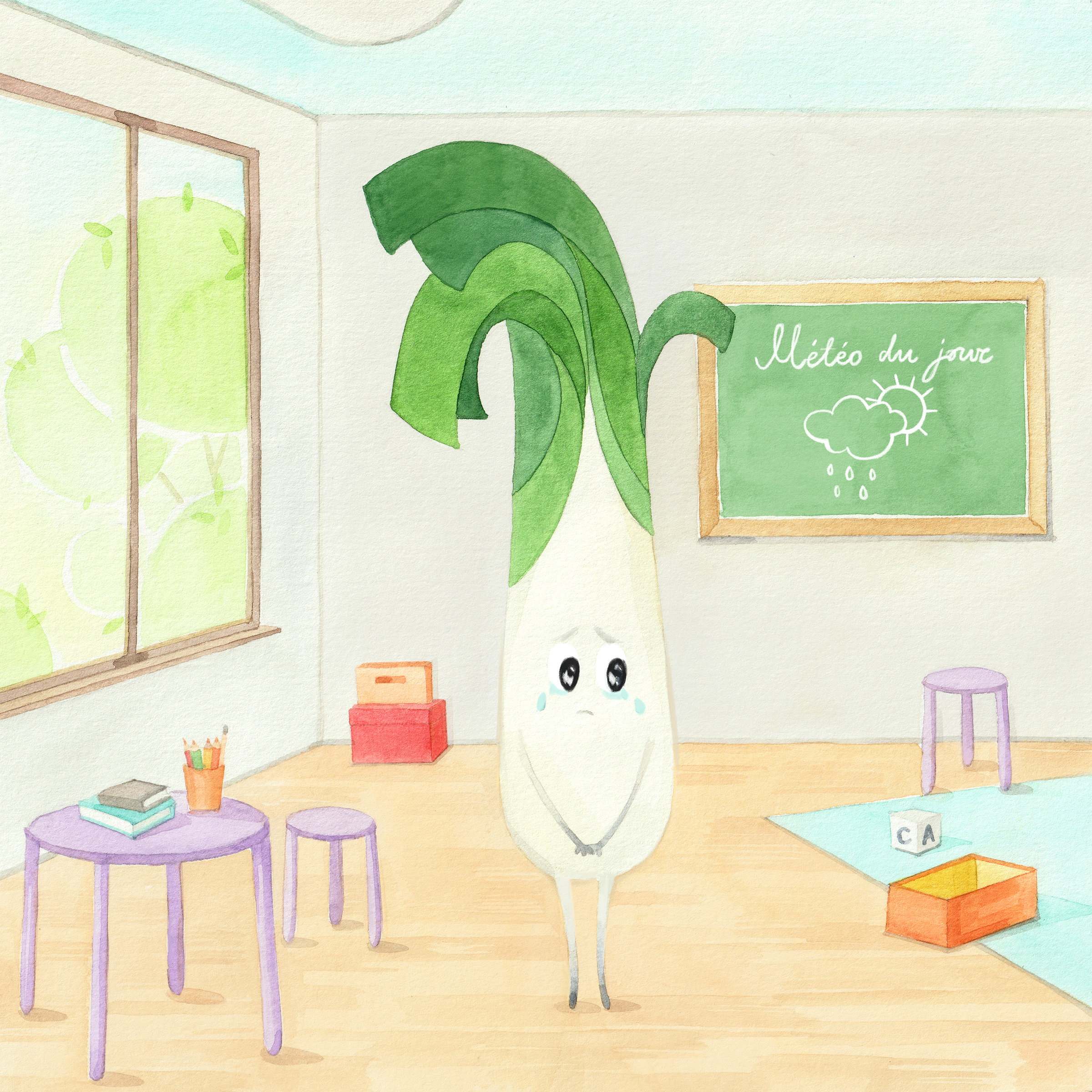 Sad Leek Watercolor Illustration character art leek illustration