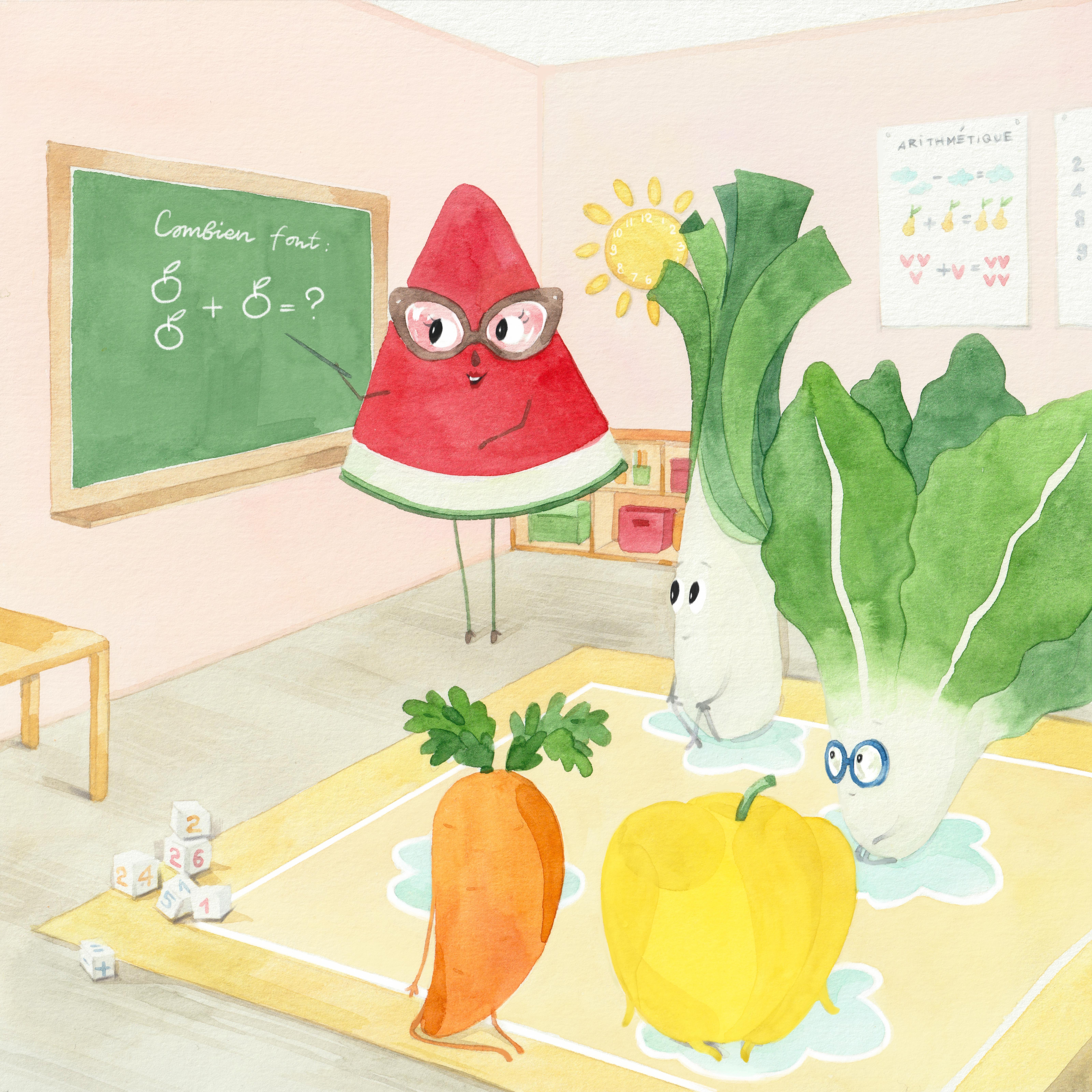 'Math Lesson' at the Veggie's School character art concept illustration