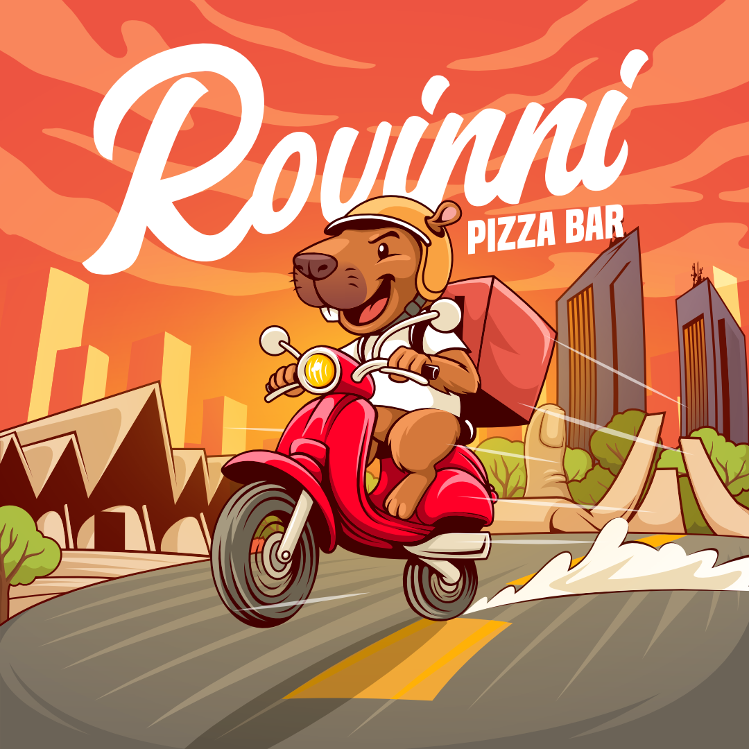 Rovinni Pizza Illustration capybara delivery illustration logo mascot motorcycle pizza scooter sunset vector art