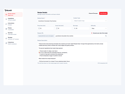 Recipe Editor 🍪 button design input minimal saas select sidebar textarea ui web design