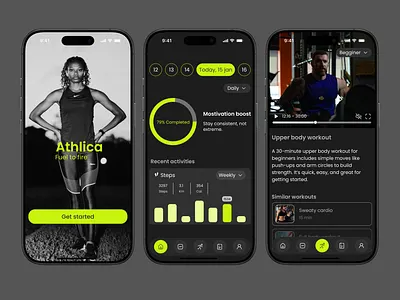 Athlica – Fitness App UI Concept appcontent appdesign clranui darkmode darkui designinspiration figma fitnessapp fitnessmobileapp minimaldesign mobileappdesign modernui productdesign ui uidesign uiux userinterface ux uxdesign wellness