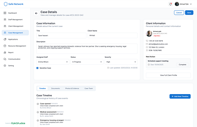 Safe Network branding case management charity client communication cx dashboard data management graphic design ppikstudios profiles reports resource safe network staff management ui webapp website