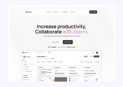 AI task management landing page ai landing page ai task management ai workflow branding clean landing page graphic design hero section project management sleek landing page ui white mode landing page workflow tools