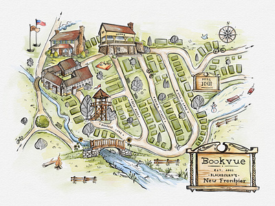 Bookvue — Illustrated Map of a Community (Privatized) cartography community digital illustration drawing editorial map graphic design illustration ink and watercolor isometric map map design map illustration real estate western