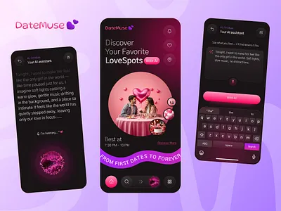AI-Powered Romantic Date Planner App ai ai date planner ai voice app design chat gpt clone datingapp designforlove dribbbleshowcase dribble emotionaldesign futuristic app love love spot loveapp productdesign romanticux ui uiux ux voiceux