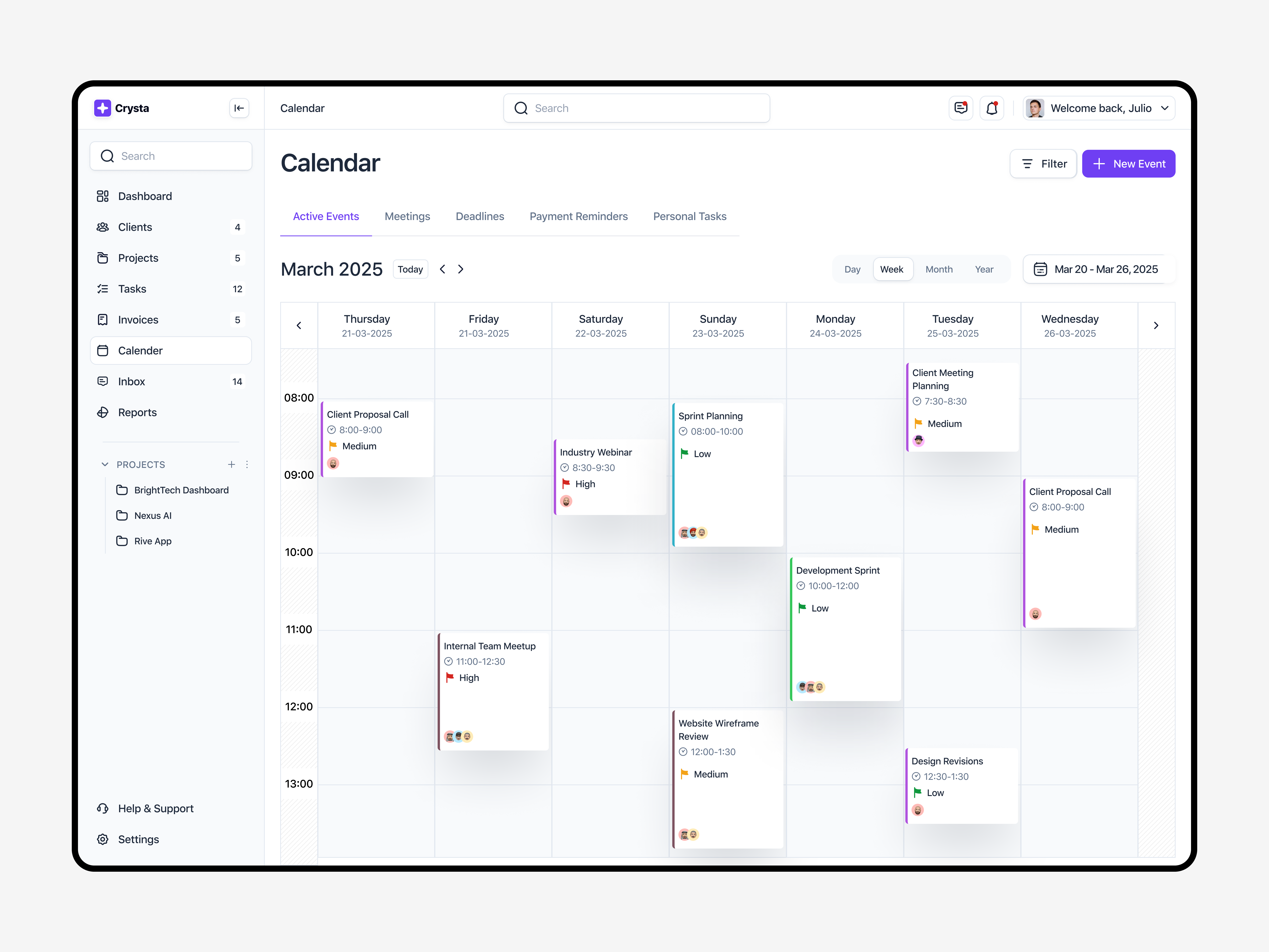 Crysta - Calendar Module b2b b2c calendar client crm dashboard design event freelance modal product project management saas startups tasks tech ui ux web