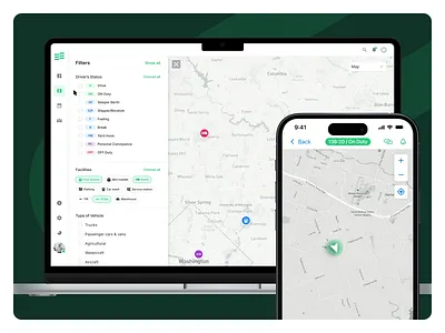Interactive Map UI for Web & Mobile Fleet Apps branding cross platform ui design driver driver status filters fleet management fleet tracking map design ios map interface map ui design mobile app ui ui design ux ux design web mobile ui website design