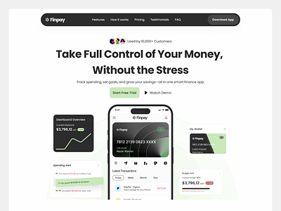 Finpay – Finance App Landing Page chart clean financeapp fintech header herosection landingpage mobiledesign mockup productdesign statistic ui uielement uiillustration ux webdesign xenity xenityui