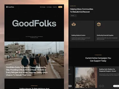 GoodFolks - War Victim Charity Website charity charity landing page charity website humanity landing page landing page design refugee social campaign social campaign landing page social campaign website ui ui design uiux uiux design war victim web web design website website design