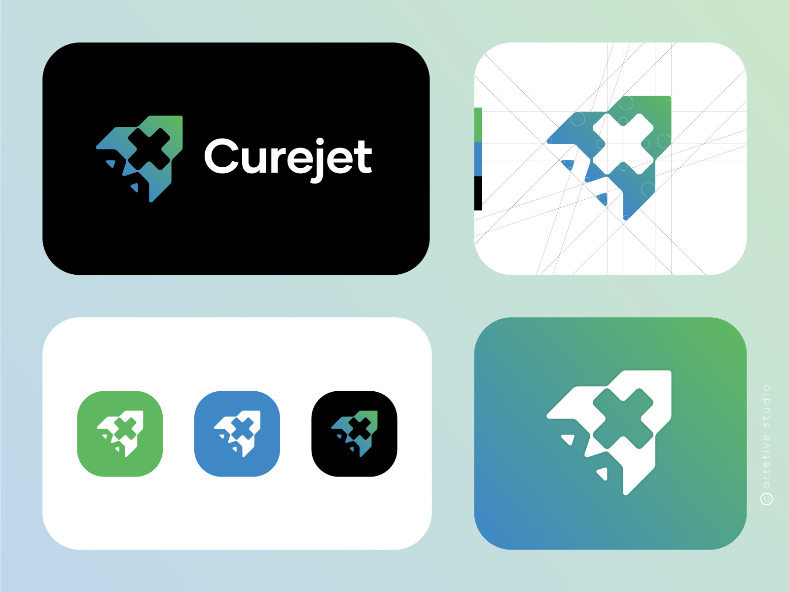 Curejet - Futuristic medical logo concept app icon branding graphic design identity logo logodesign mark medical medical cross medtech minimalist logo modern rocket saas simple logos smart logo startup symbol ui visual identity