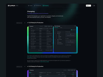 LyteNyte Changelog Page changelog landing page product design react saas timeline web app web design