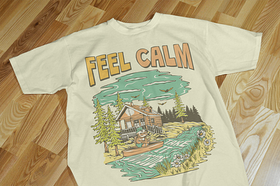 FEEL CALM apparel badge branding cabin clothing commision cottage drawing graphic design handdrawn illustration illustrator logo merchandise nature outdoor print design product design tshirt vintage