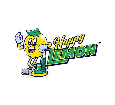 Happy Lemon — Bold Mascot Logo for Cleaning Services bold vector mascot cartoon style logo cheerful floor service cleaning brand identity cleaning company logo design cleaning mascot logo funny lemon mascot happy lemon brand janitorial mascot logo retro cleaning service logo