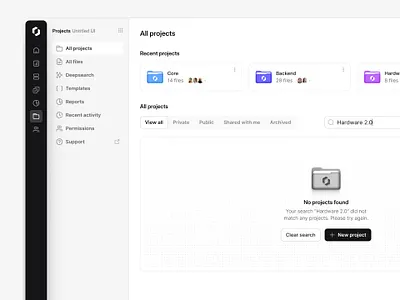 Projects empty state — Untitled UI empty state featured icon product design project manager search skeuomorphic ui design user interface