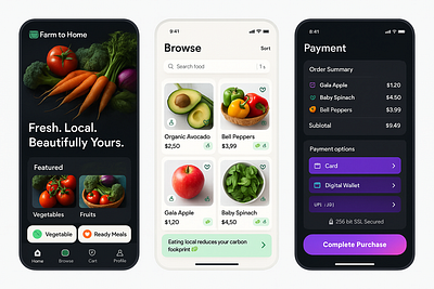 Farm to home Fresh Food Delivery App. app design daily vegatable delivery farm to door fruits fram to home delivery fresh fruit fresh fruit online fresh meal fresh vegetable fresh vegetable online graphic design local fruit box mobile design organic organic fruit delivery premium fruit box delivery seasonal fruit subscription ui ux ux ui