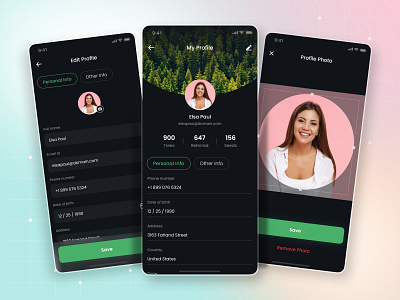 Profile Info! activity address crud dark theme design edit green mobile app personal info photo crop profile ui ux ux strategy
