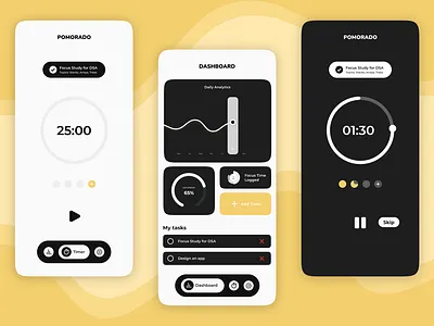 Pomorado – Minimal Pomodoro Timer App UI app appdesign blackwhite darkui design dribbleshot figma focustimer graphic design minimalapp mobiledesign pomodoroapp productivityapp ui ux uxdesign