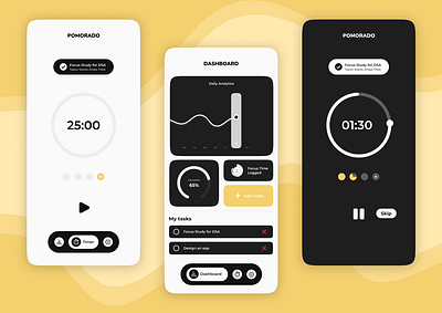 Pomorado – Minimal Pomodoro Timer App UI app appdesign blackwhite darkui design dribbleshot figma focustimer graphic design minimalapp mobiledesign pomodoroapp productivityapp ui ux uxdesign