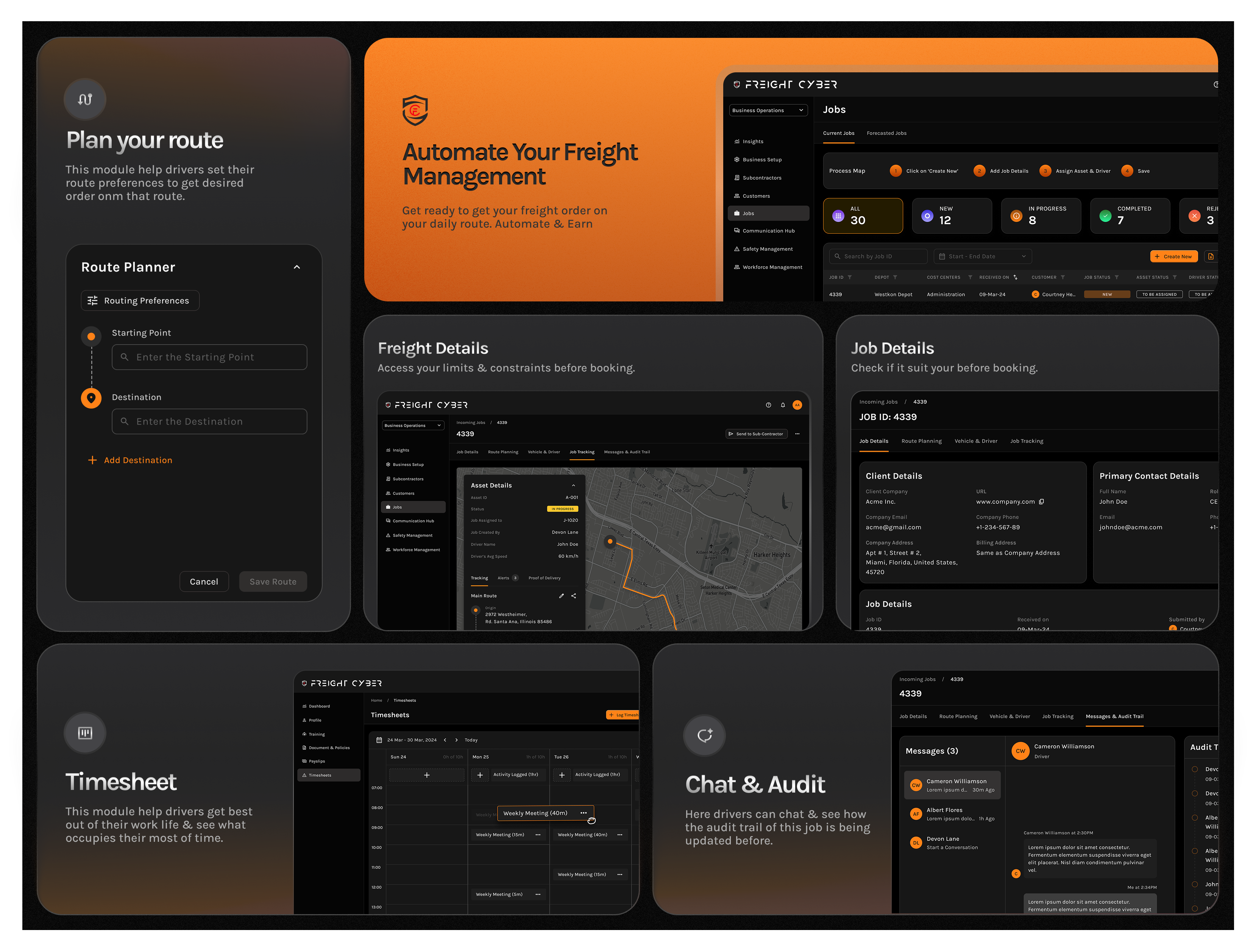 Automate your freight management - Web App Design - SAAS Product asset details audit best design chat clean cyber freight dashboard destination freight management job details map minimal route tracking saas product timesheet track ui ui design ux web app