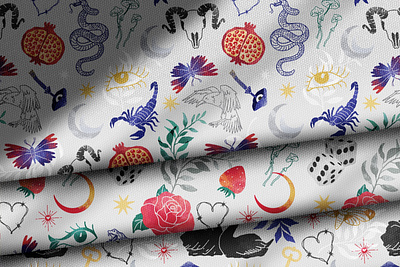 Esoteric surface pattern celestial design esoteric fabric floral flowers graphic illustration mushrooms mystic pattern scorpio seamless pattern surface design surface pattern surrealism tarot textile