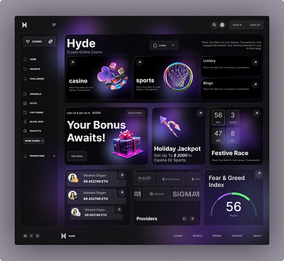 Crypto Casino & Sports Betting Dashboard – Dark UI for iGaming animation cryptoux darkthemeui dashboarddesign neonui sportbookdesign ui uiuxdesign web3design