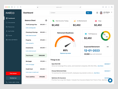 Parco – Retirement Planning & Financial Dashboard b2b uiux clean ui dashboard ui data visualization design system finance dashboard fintech ui modern ui product design responsive design retirement planning ui design user interface ux case study ux design ux process wavespace wealth management web app design web dashboard