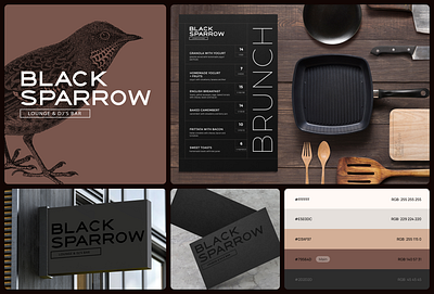 Black Sparrow logo and restaurant identity black branding graphic design logo restaurant