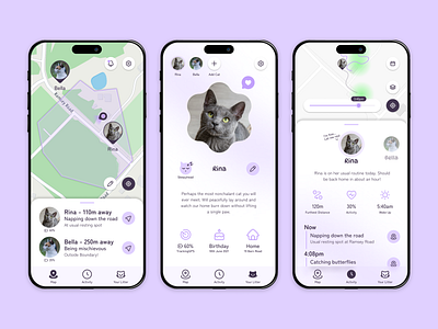 Cat Tracker App Concept - Mobile UI Design app cat clean concept design figma gps inspiration location map minimal mobile pet purple tracker ui ux