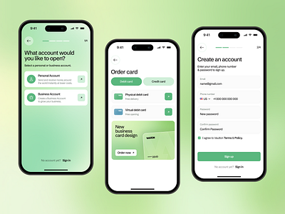 Banking App — Seamless Account Opening & Card Ordering UI Design bank app banking card design finance fintech minimal mobile money money transfer payment personal finance startup transaction ui ux wallet webdesign