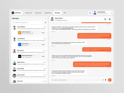 Job Finder Messages Dashboard app chat clean connection design fireart job messages post search ui ux