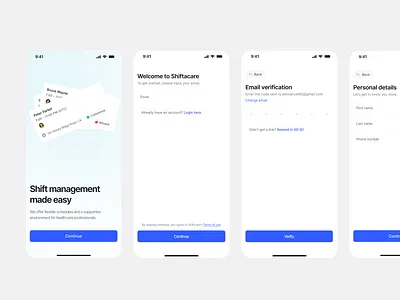 Onboarding Flow – Shift Management App for Careworkers app create account mobile mobile app onboarding shift shift management shifts sign up signup ui