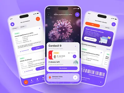 Smart vaccination app app ui appointment calendar calmdesign clean design disease info filters gardasil gotoinc healt tracker health dashboard healthcare app healthtech hpv medical app design patient management track your health vaccine virus wellness app