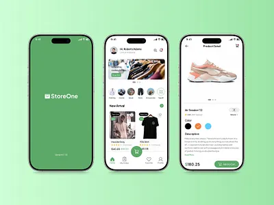 StoreOne – E-Commerce Fashion Apps android cloth detail product e commerce ecommerce fashion figma green homepage mobile mobile app modern product detail sell shoes store uiux